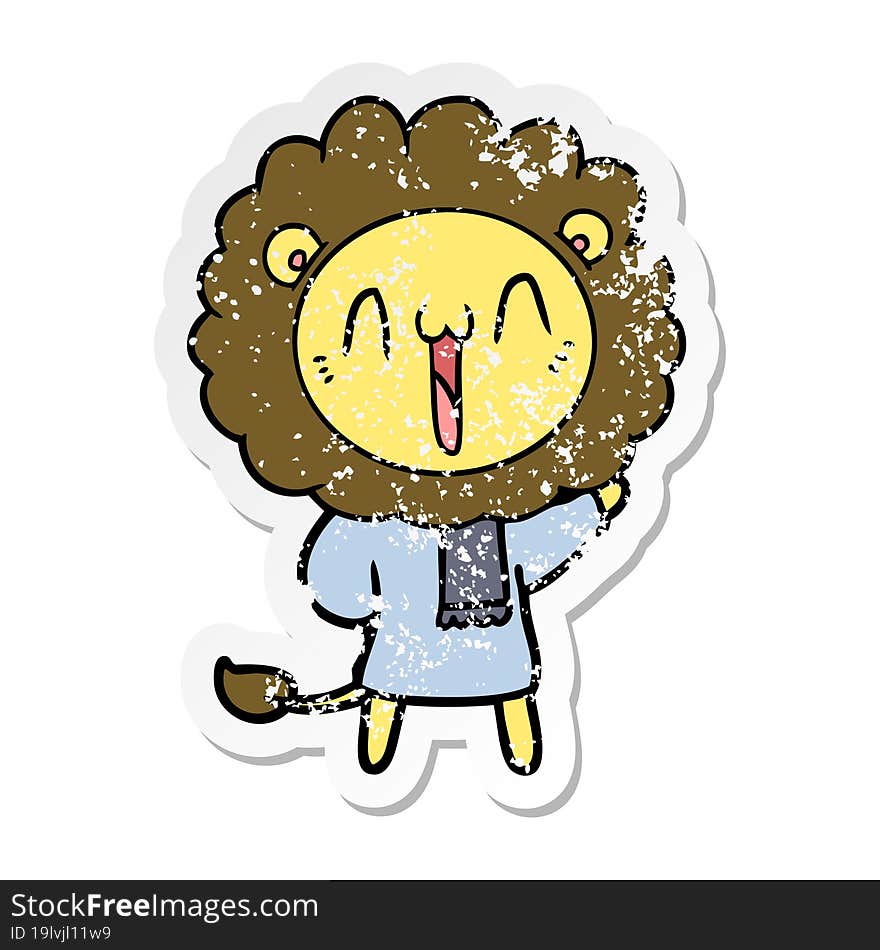 distressed sticker of a happy cartoon lion