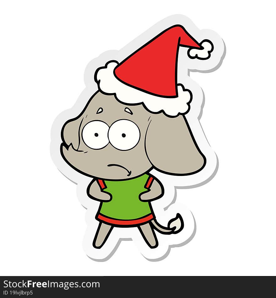 Sticker Cartoon Of A Unsure Elephant Wearing Santa Hat