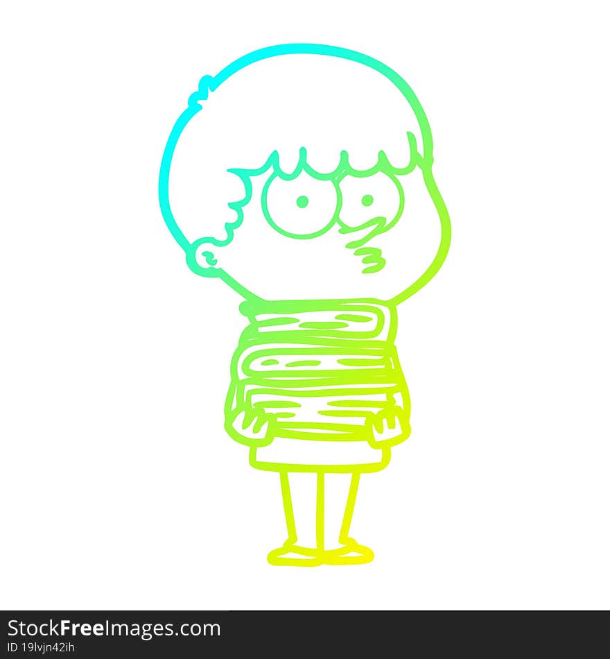 cold gradient line drawing cartoon curious boy with lots of books