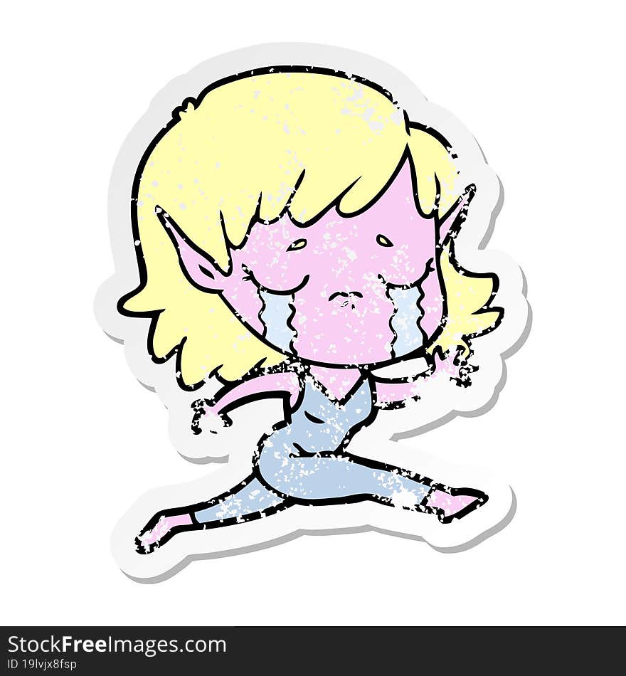 Distressed Sticker Of A Crying Cartoon Elf Girl