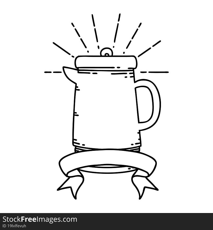 scroll banner with black line work tattoo style coffee pot