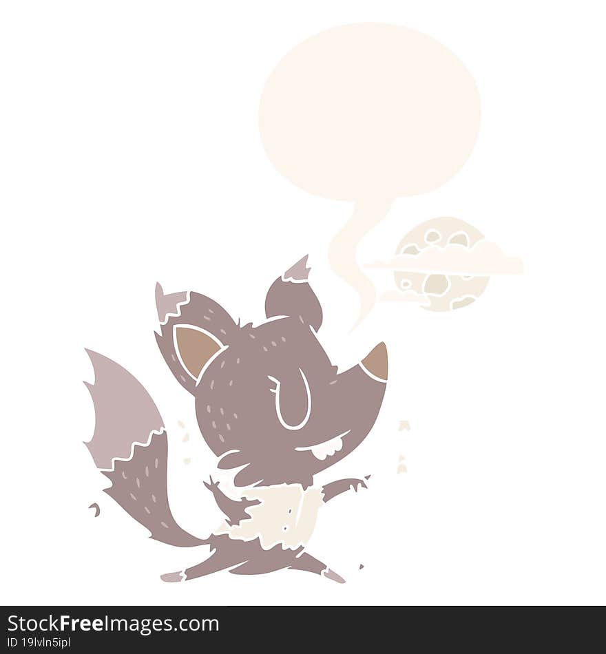 cartoon halloween werewolf changing in moonlight with speech bubble in retro style