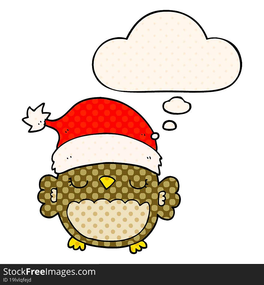 cute christmas owl with thought bubble in comic book style