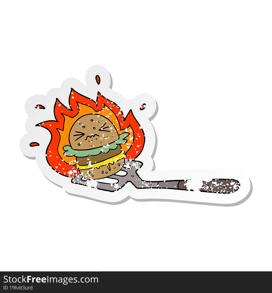 distressed sticker of a cartoon burger on spatula