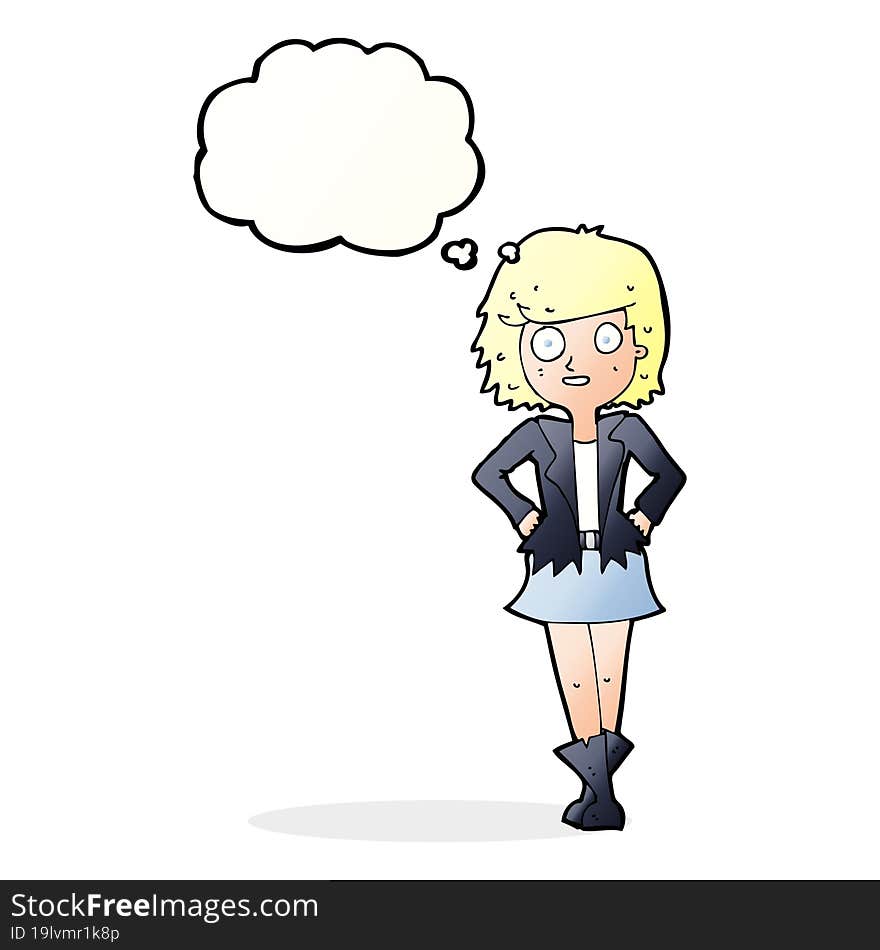 cartoon girl in jacket with thought bubble