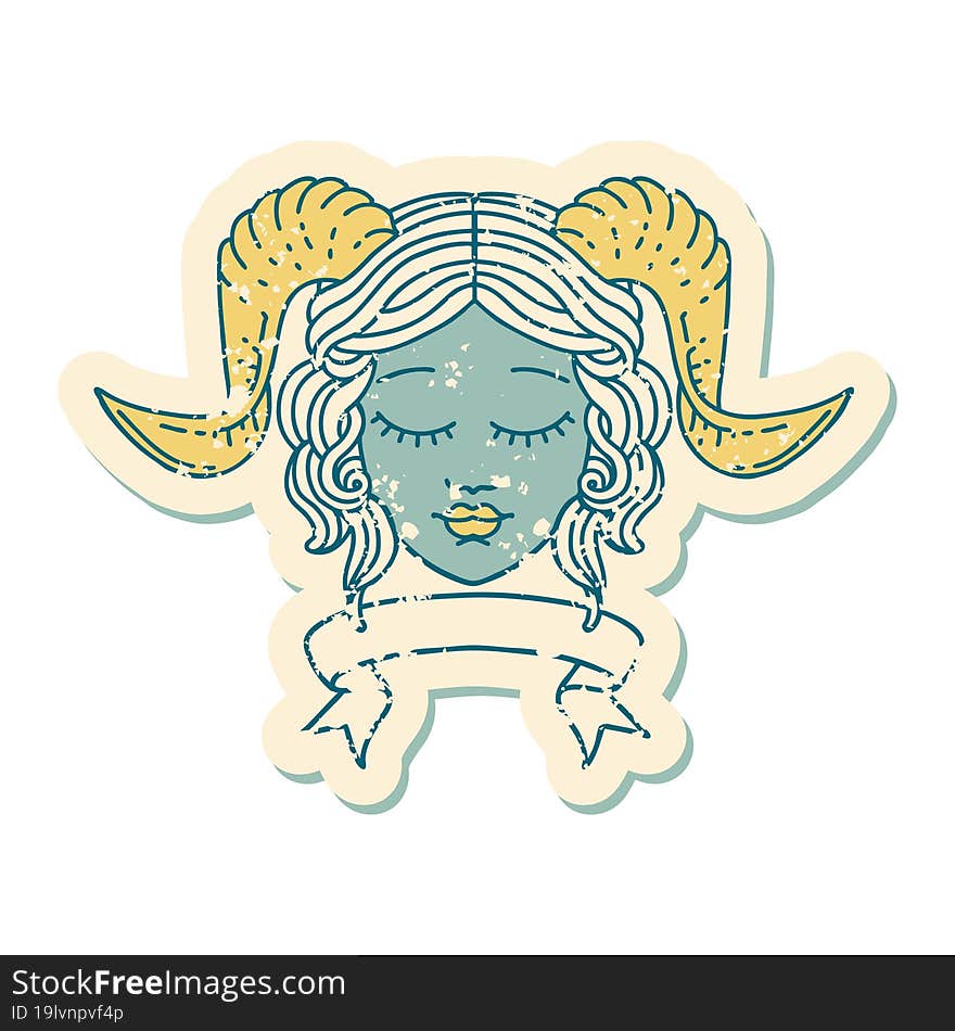 Retro Tattoo Style tiefling character face with scroll banner. Retro Tattoo Style tiefling character face with scroll banner