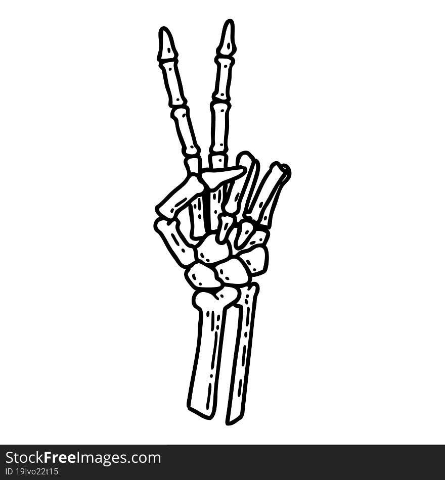 tattoo in black line style of a skeleton giving a peace sign. tattoo in black line style of a skeleton giving a peace sign