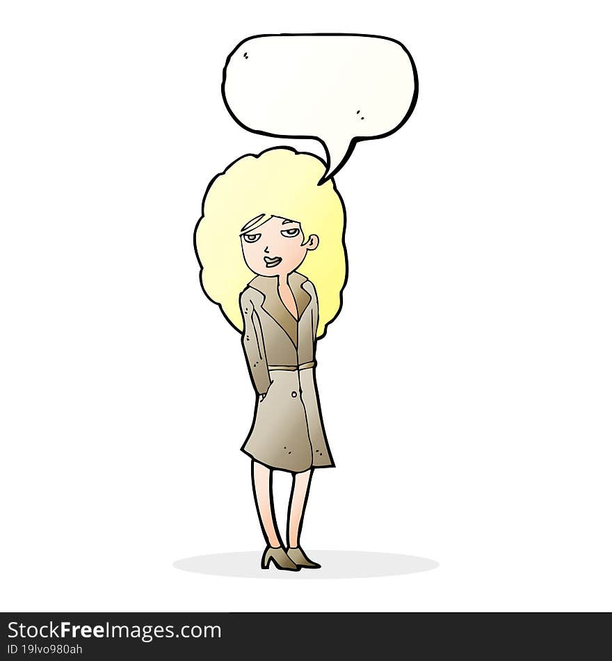 cartoon female spy with speech bubble