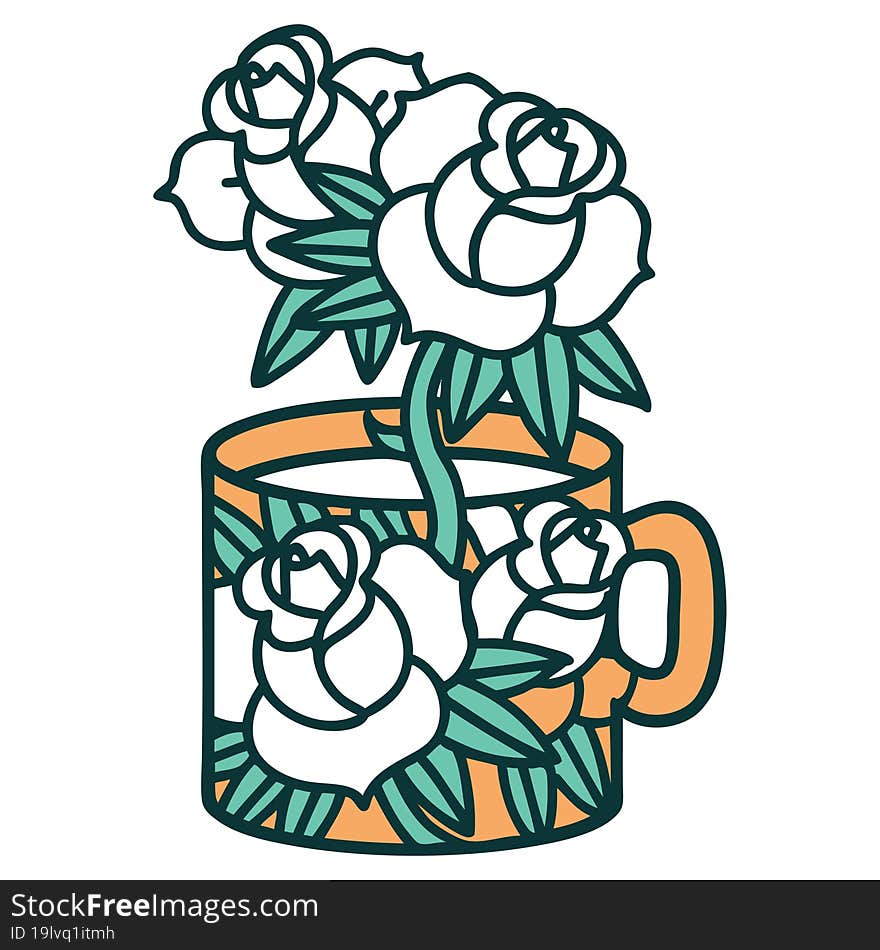 tattoo style icon of a cup and flowers