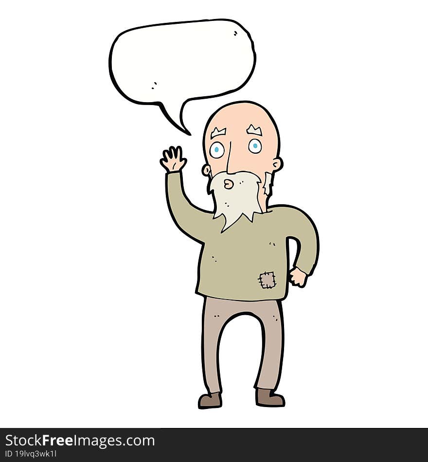 cartoon old man waving with speech bubble