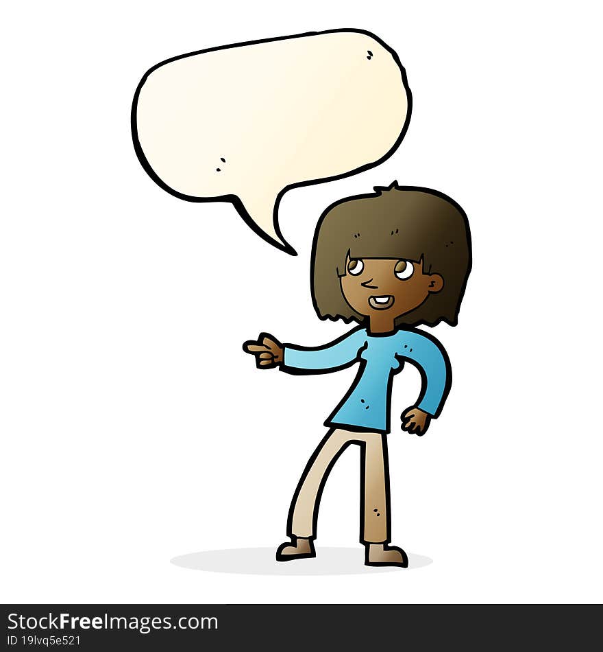 cartoon girl pointing with speech bubble