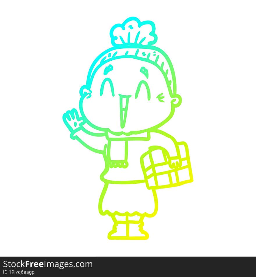 Cold Gradient Line Drawing Cartoon Happy Old Lady