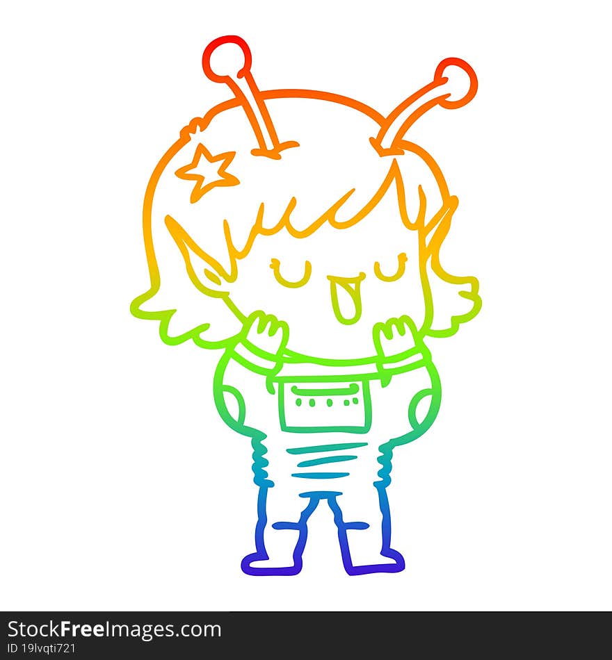 rainbow gradient line drawing happy alien girl cartoon