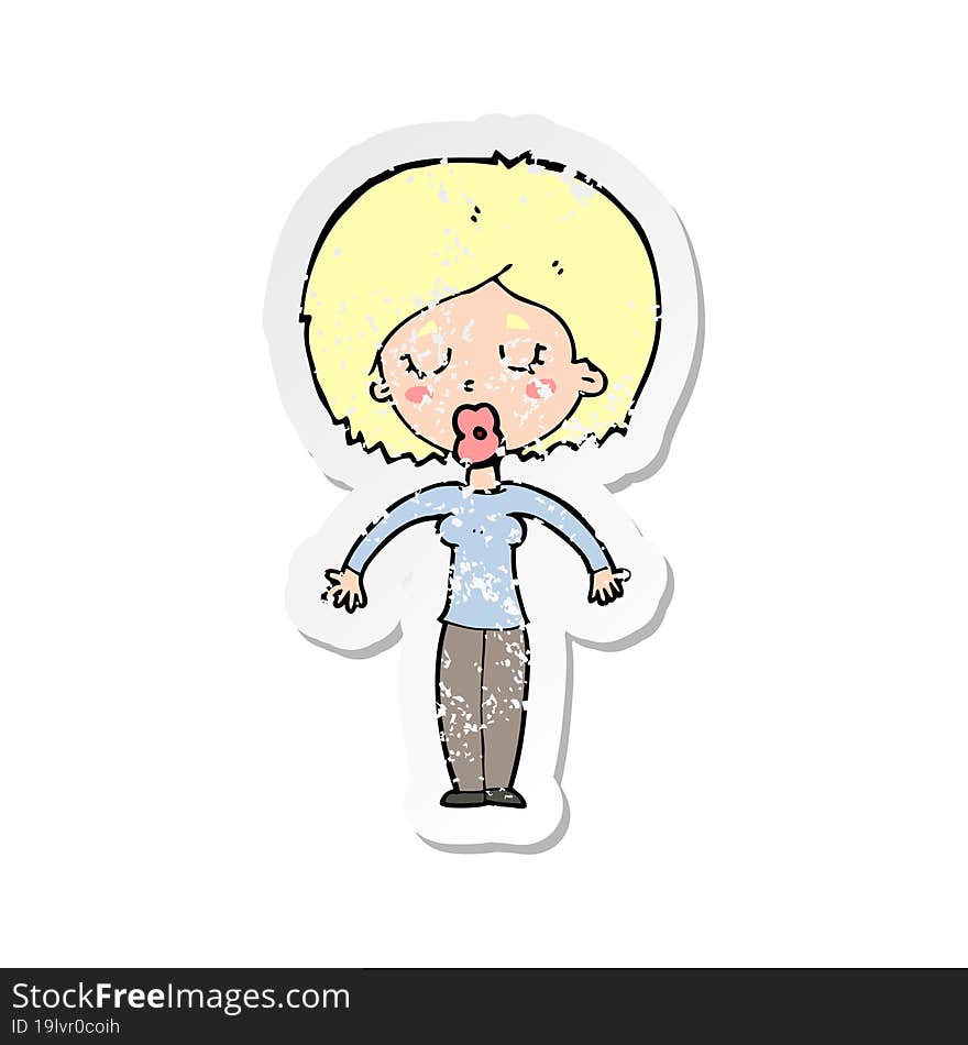 retro distressed sticker of a cartoon woman with closed eyes