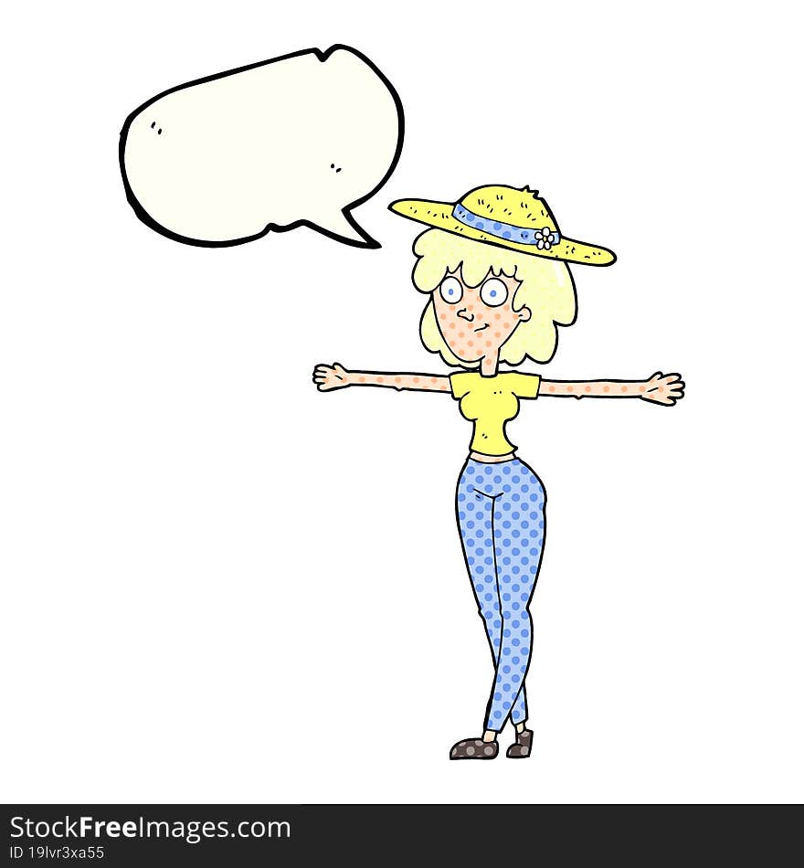 freehand drawn comic book speech bubble cartoon woman spreading arms