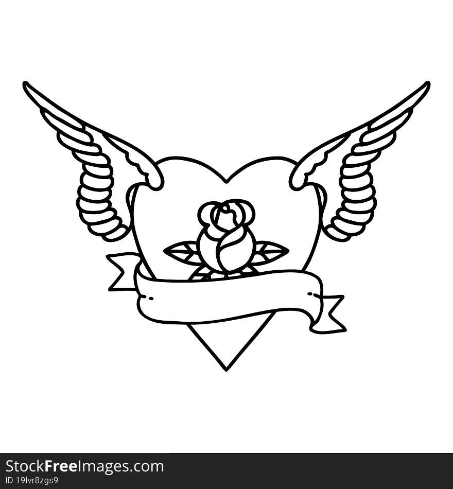 tattoo in black line style of heart with wings a rose and banner. tattoo in black line style of heart with wings a rose and banner