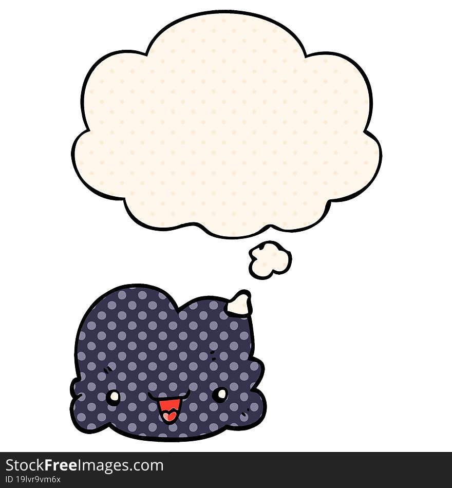 cartoon tiny happy cloud and thought bubble in comic book style