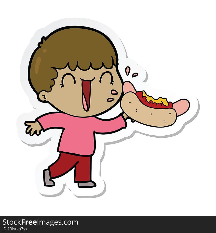 Sticker Of A Laughing Cartoon Man Eating Hot Dog