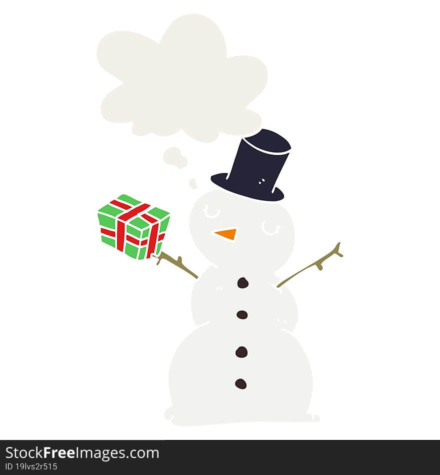 cartoon snowman and thought bubble in retro style