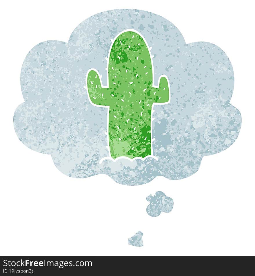 cartoon cactus and thought bubble in retro textured style