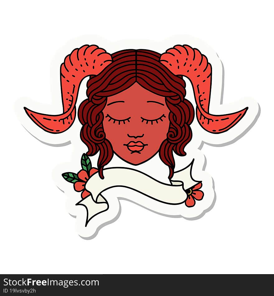 tiefling character face with scroll banner sticker