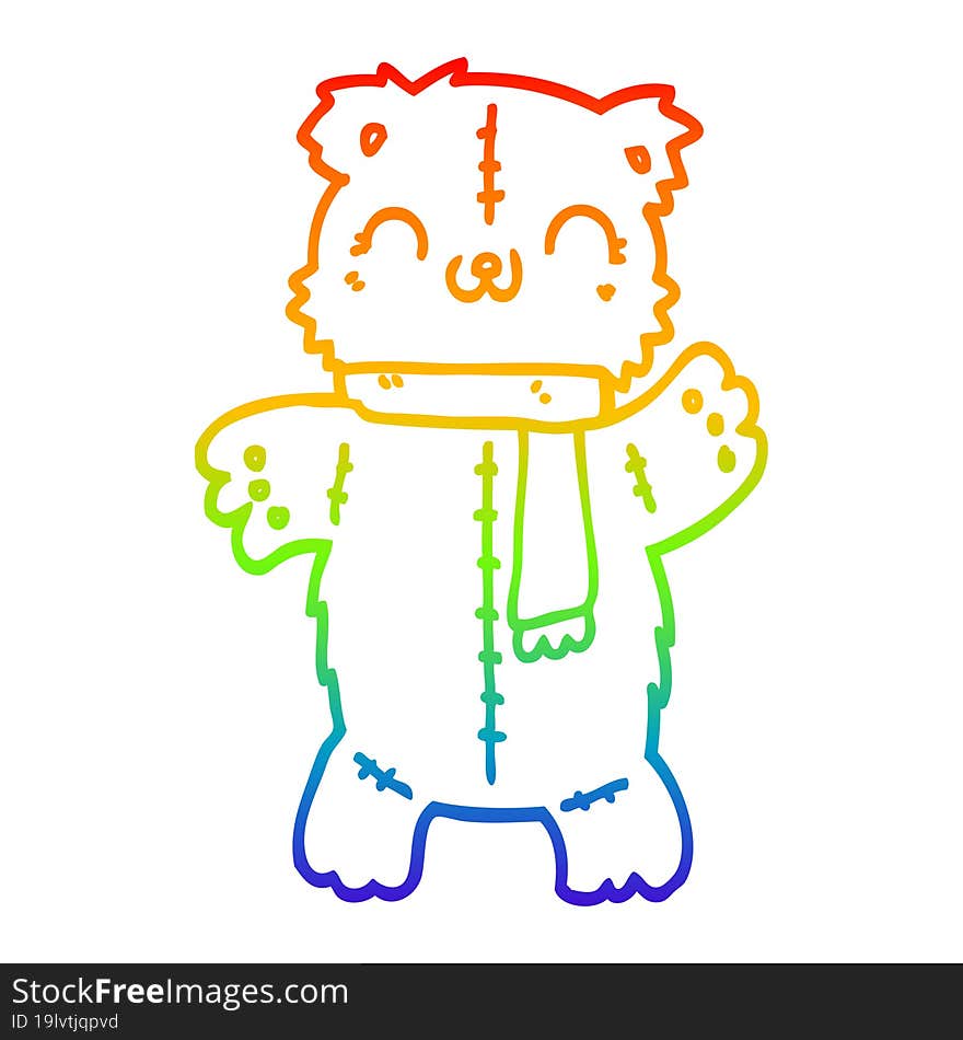 rainbow gradient line drawing of a cartoon teddy bear