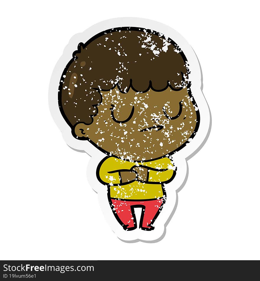 distressed sticker of a cartoon grumpy boy