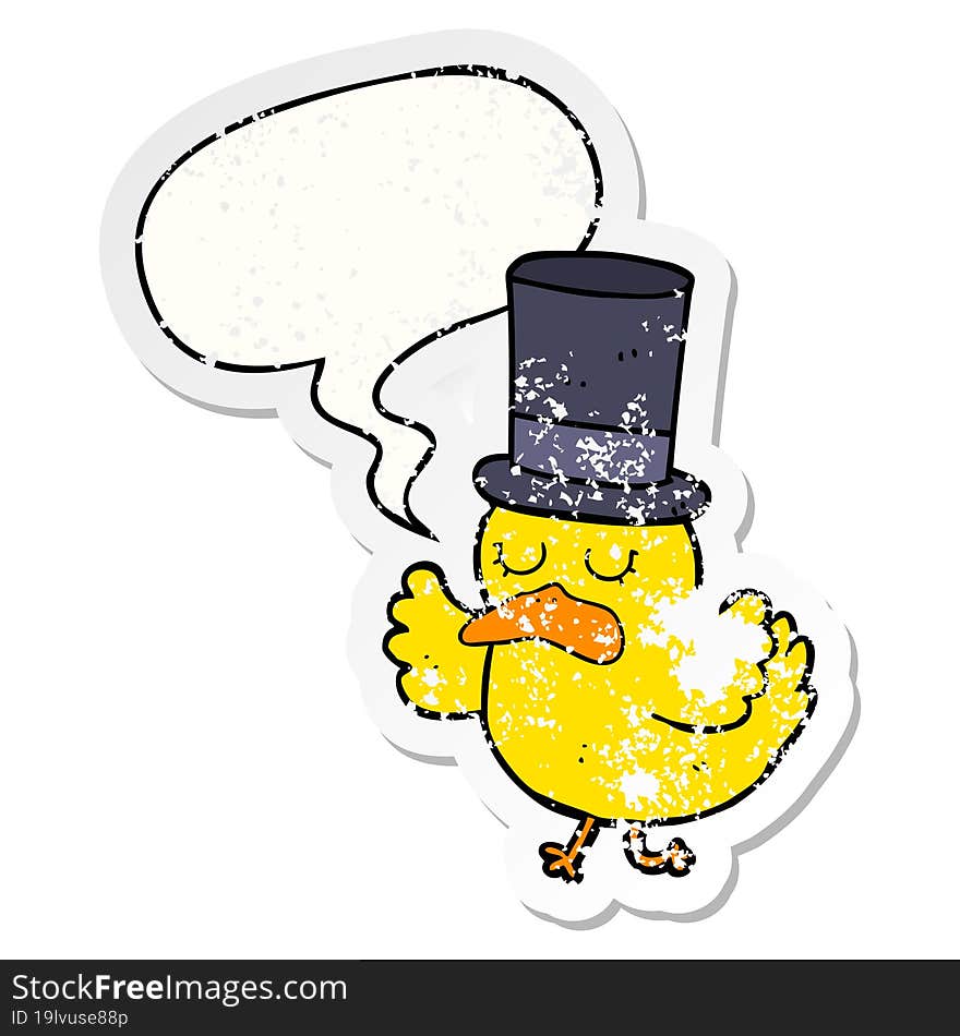 Cartoon Duck Wearing Top Hat And Speech Bubble Distressed Sticker