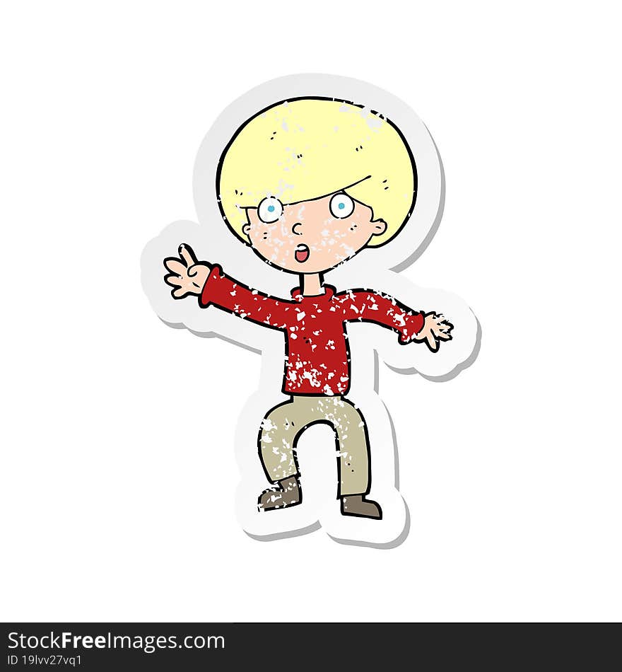 retro distressed sticker of a cartoon panicking boy