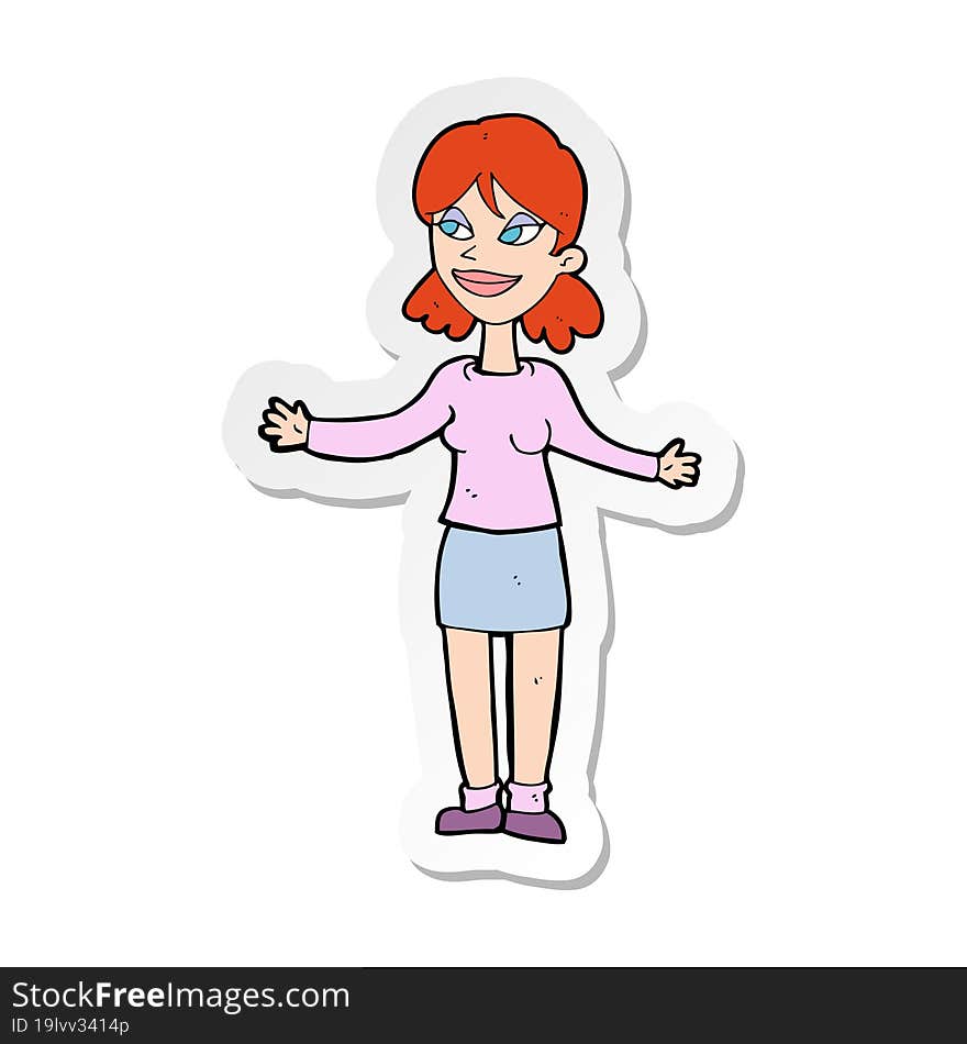 sticker of a cartoon happy woman shruggin shoulders