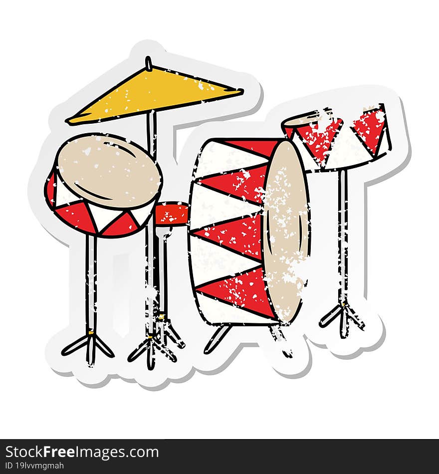 distressed sticker cartoon doodle of a drum kit