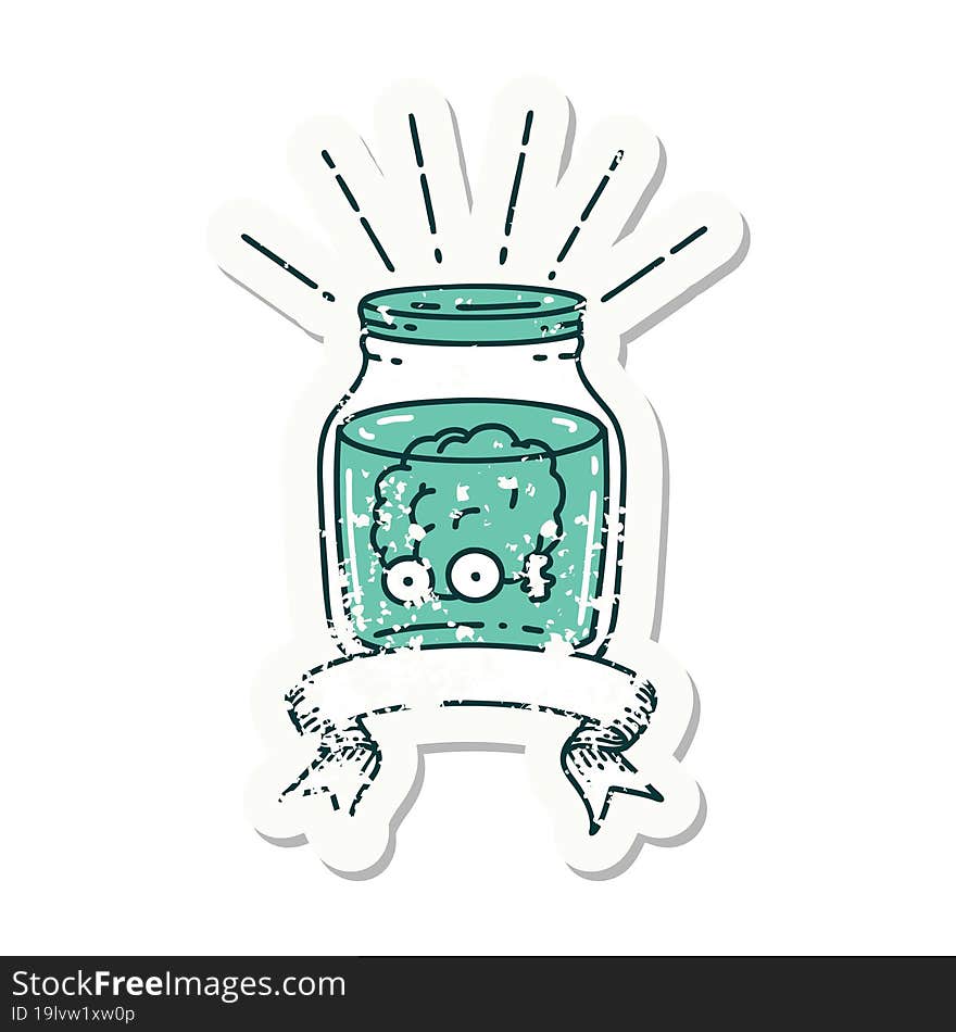 worn old sticker of a tattoo style brain in jar. worn old sticker of a tattoo style brain in jar