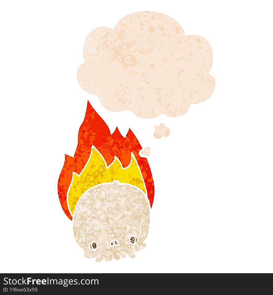 spooky cartoon flaming skull and thought bubble in retro textured style