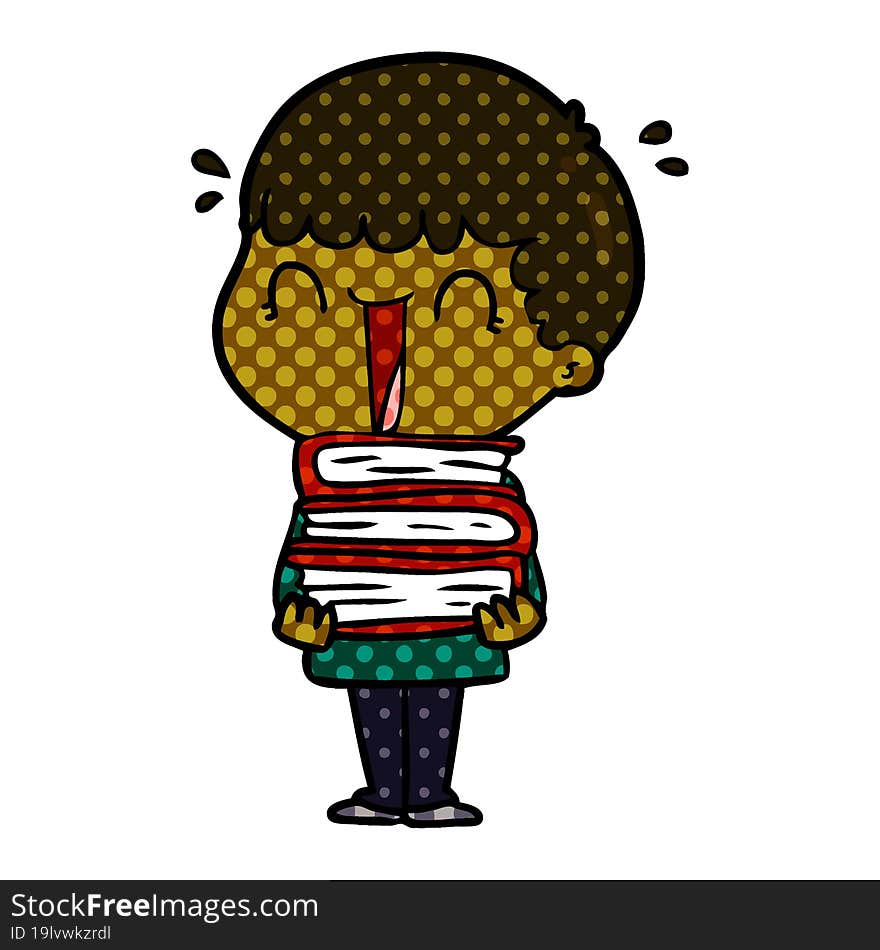 laughing cartoon man holding stack of books. laughing cartoon man holding stack of books