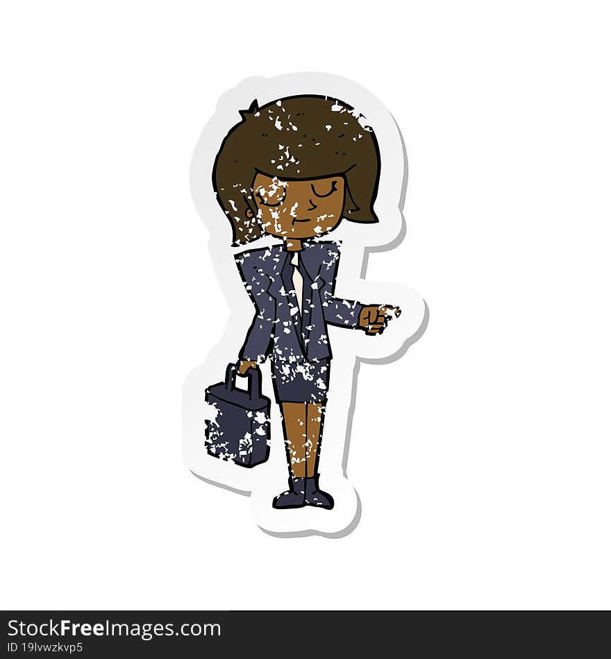 retro distressed sticker of a cartoon businesswoman pointing