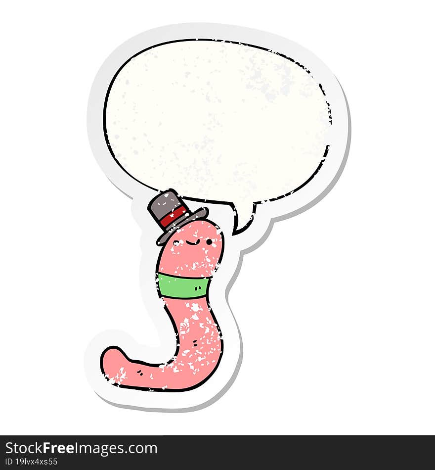 cute cartoon worm with speech bubble distressed distressed old sticker. cute cartoon worm with speech bubble distressed distressed old sticker