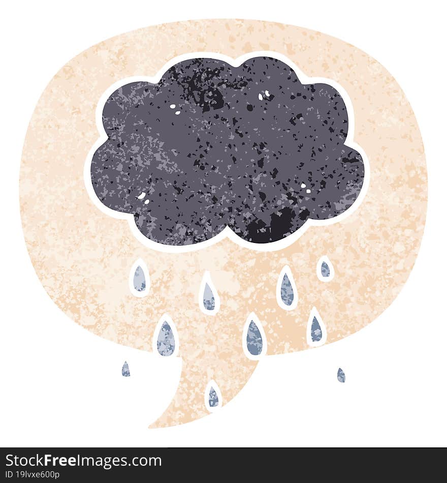 cartoon cloud raining and speech bubble in retro textured style