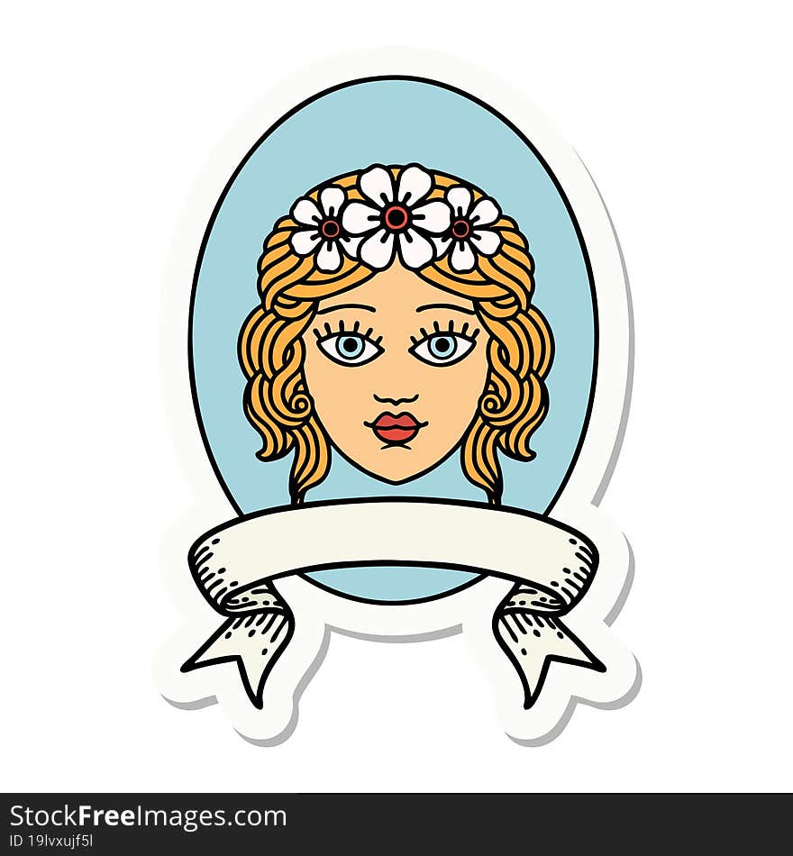 tattoo style sticker with banner of a maiden with crown of flowers