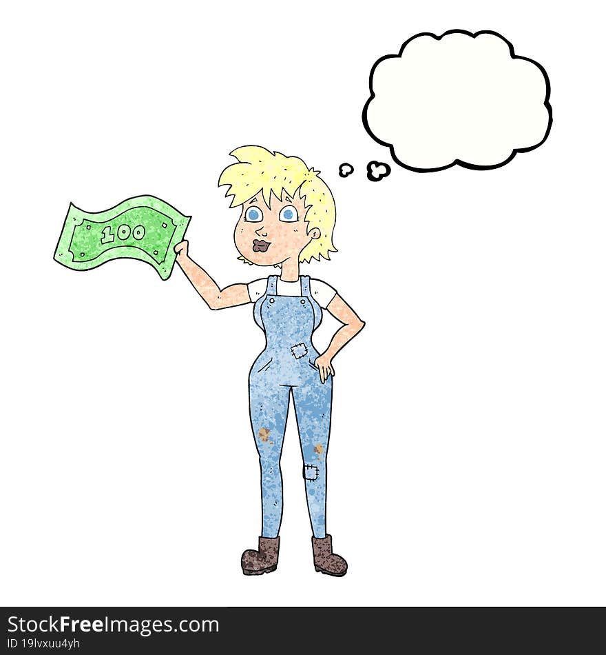 thought bubble textured cartoon confident farmer woman with money