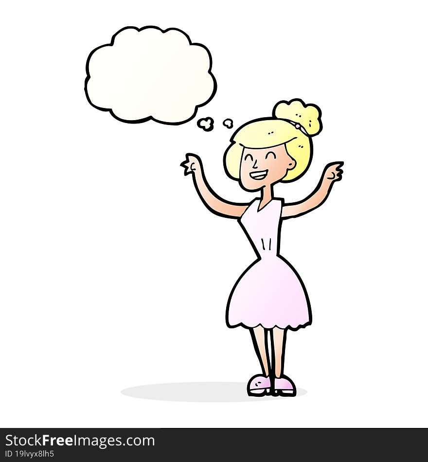 cartoon woman with raised arms with thought bubble