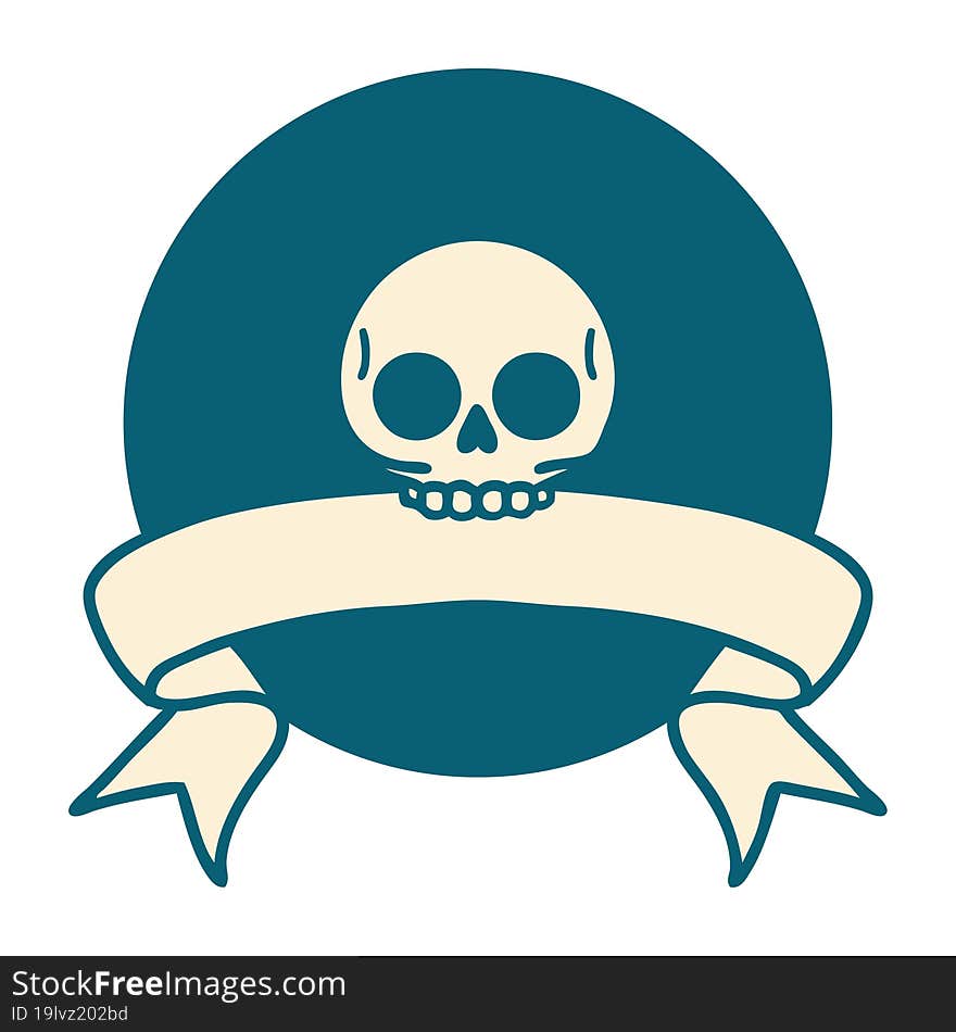 tattoo style icon with banner of a skull