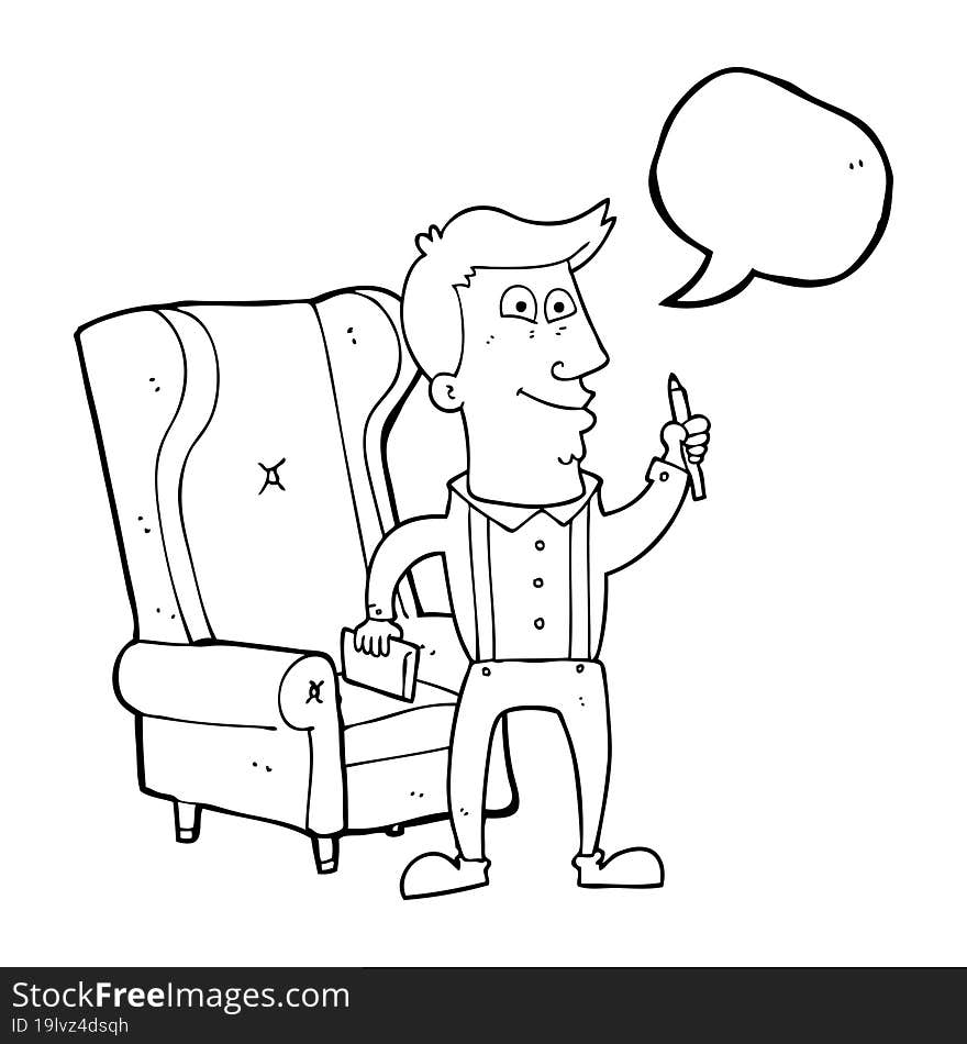 speech bubble cartoon man with notebook and pen