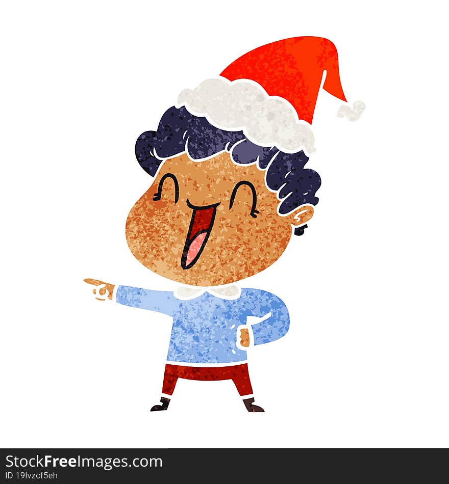 retro cartoon of a happy man wearing santa hat