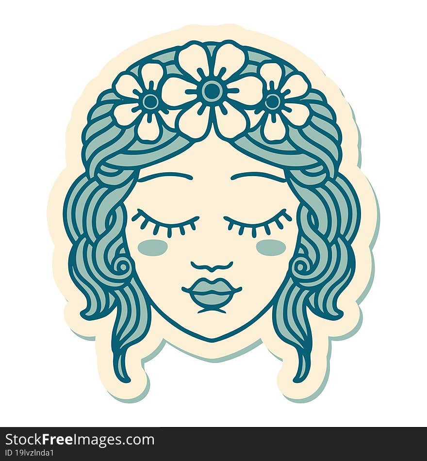 tattoo style sticker of female face with eyes closed