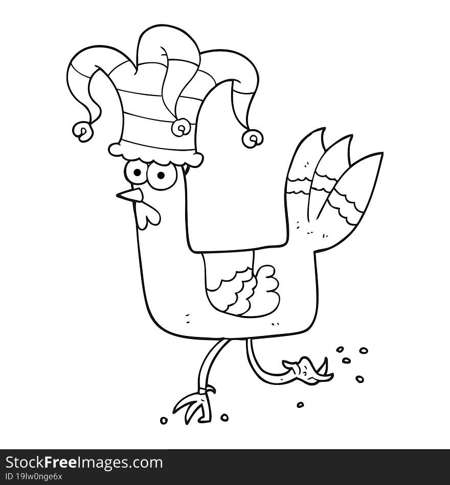 freehand drawn black and white cartoon chicken running in funny hat