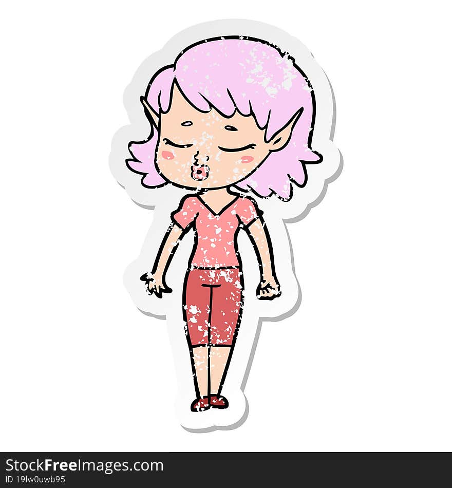 distressed sticker of a pretty cartoon elf girl