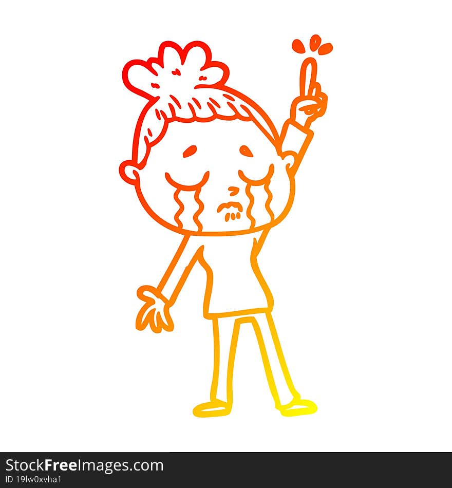 warm gradient line drawing of a cartoon crying woman raising hand