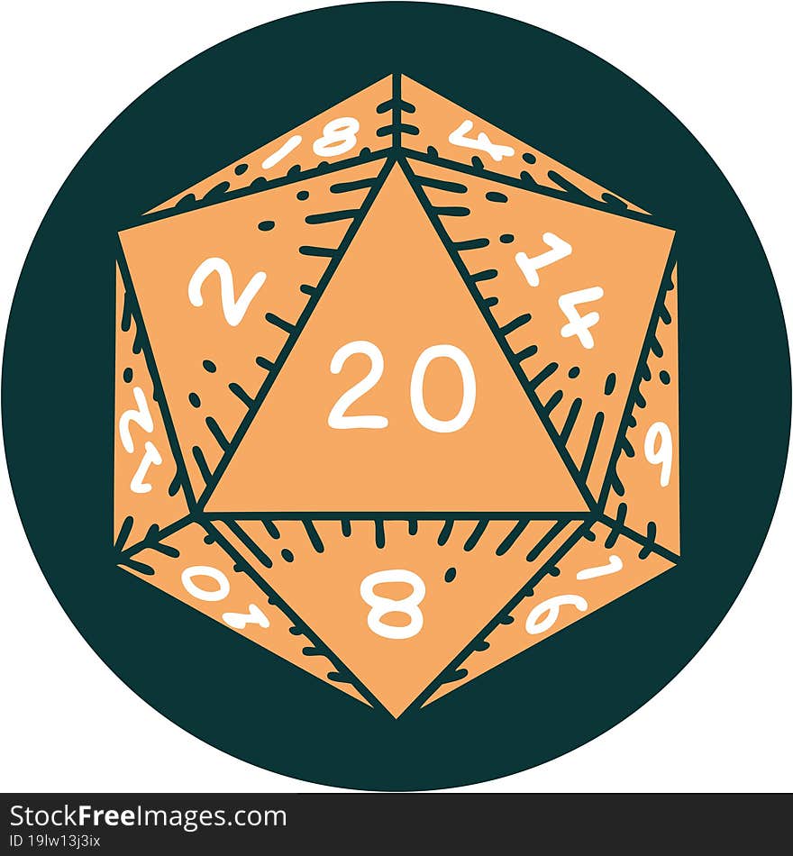 iconic tattoo style image of a d20 dice. iconic tattoo style image of a d20 dice