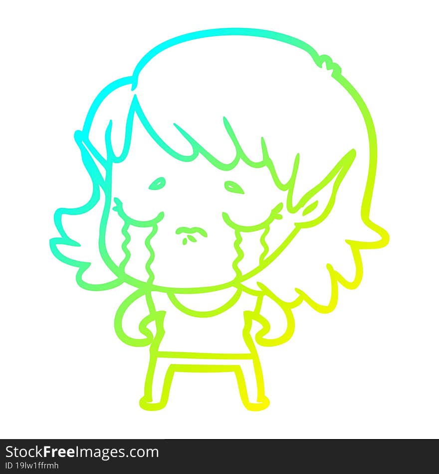 Cold Gradient Line Drawing Cartoon Crying Elf Girl