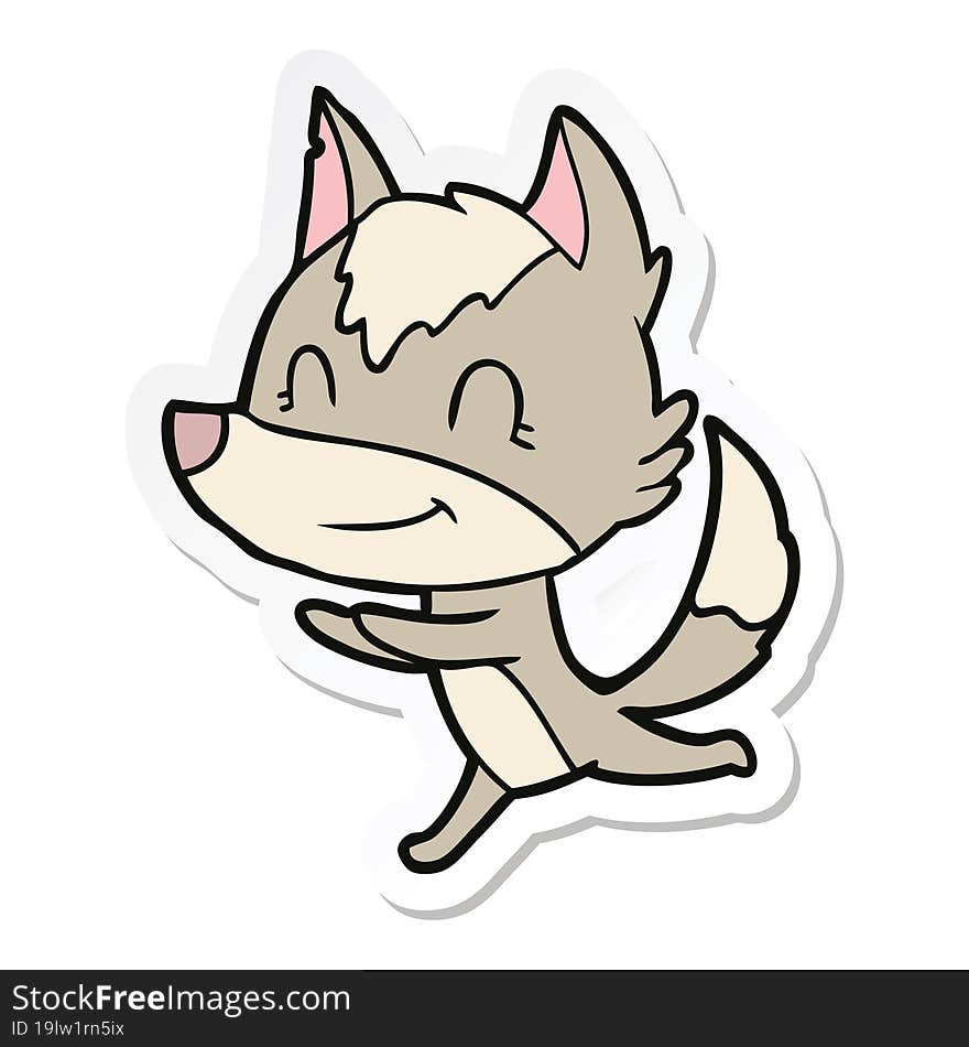 sticker of a friendly cartoon wolf running